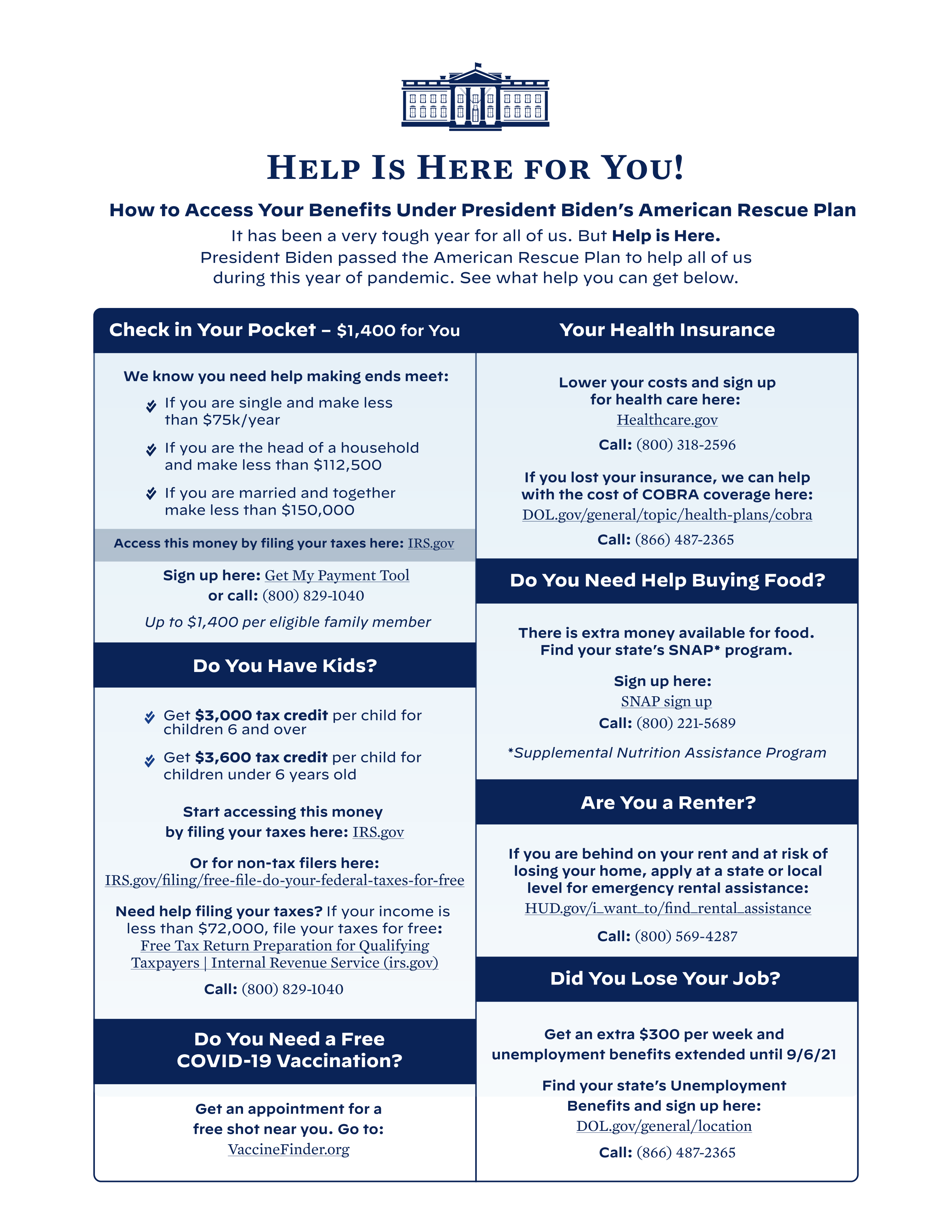 An informational flyer titled “Help Is Here for You!” explains benefits under the American Rescue Plan, detailing stimulus checks, child tax credit, unemployment, health insurance, food aid, and COVID-19 resources with links and contact info.