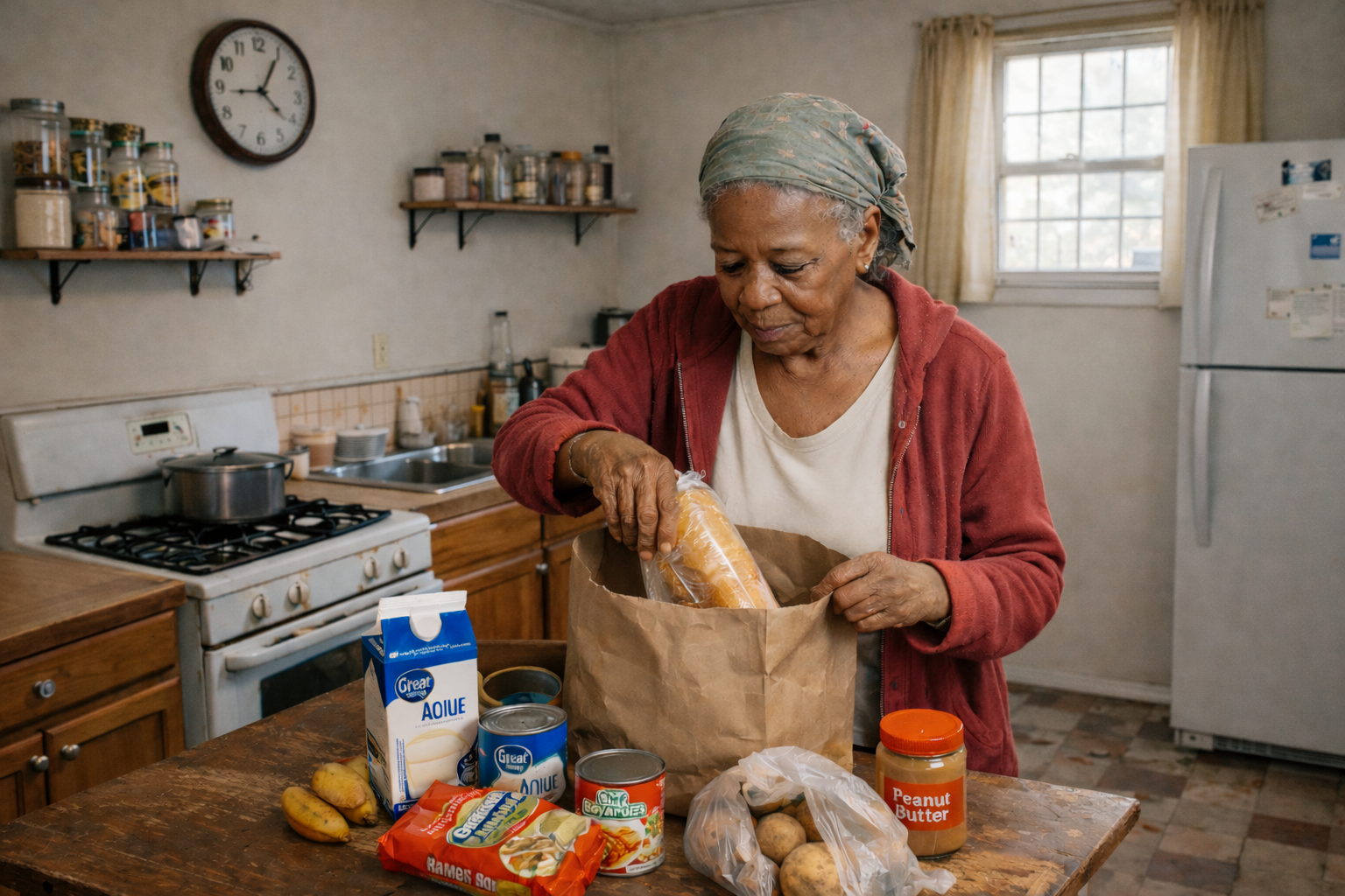 An older woman stands in a kitchen, unpacking groceries including bread, milk, canned goods, peanut butter, and bananas from a paper bag onto a wooden counter. Shelves with jars and a clock are in the background.