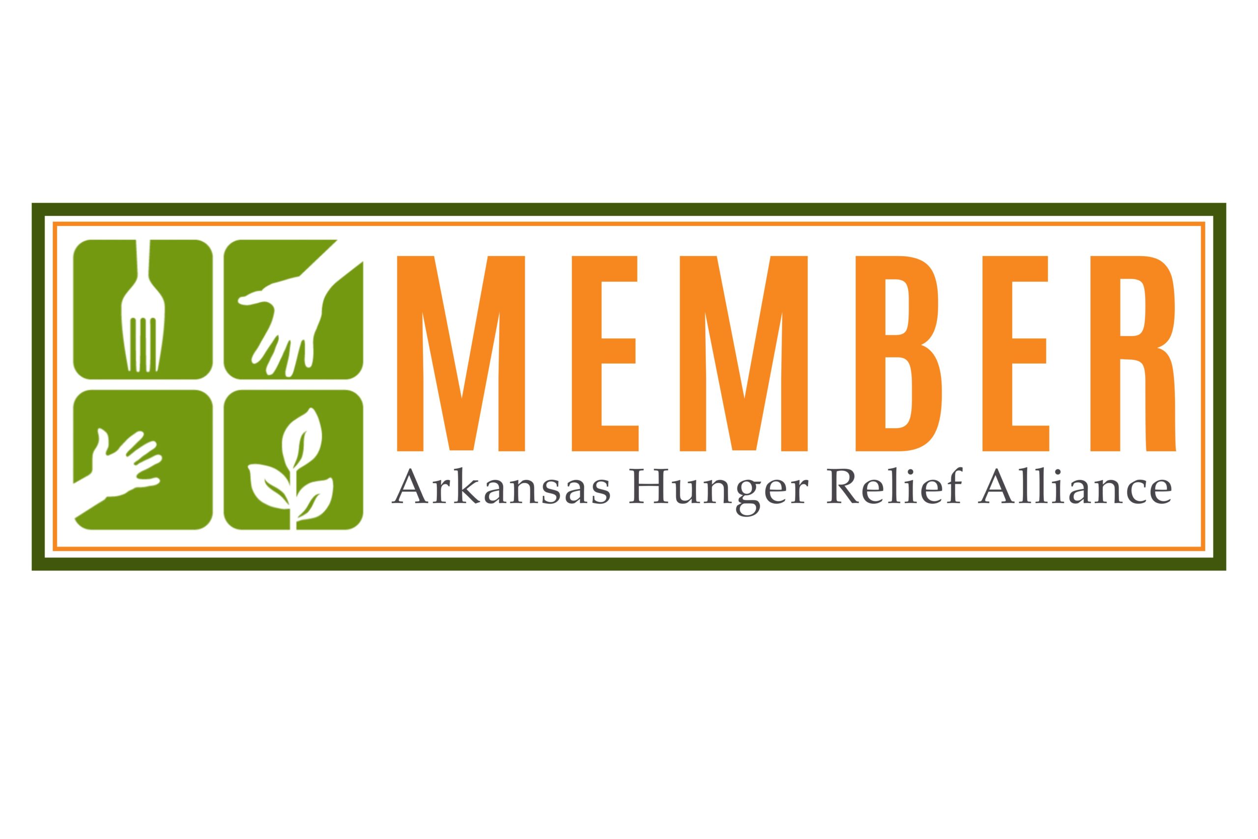 The image shows the Arkansas Hunger Relief Alliance MEMBER logo, featuring a green square with icons of a fork, two hands, and a plant next to bold orange text that reads MEMBER and smaller text below it.