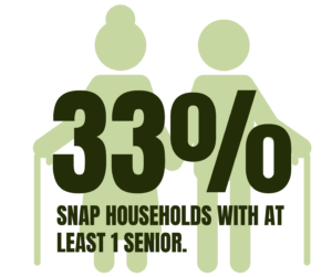 Two simplified icons of seniors holding canes stand behind bold text reading 33% SNAP households with at least 1 senior.