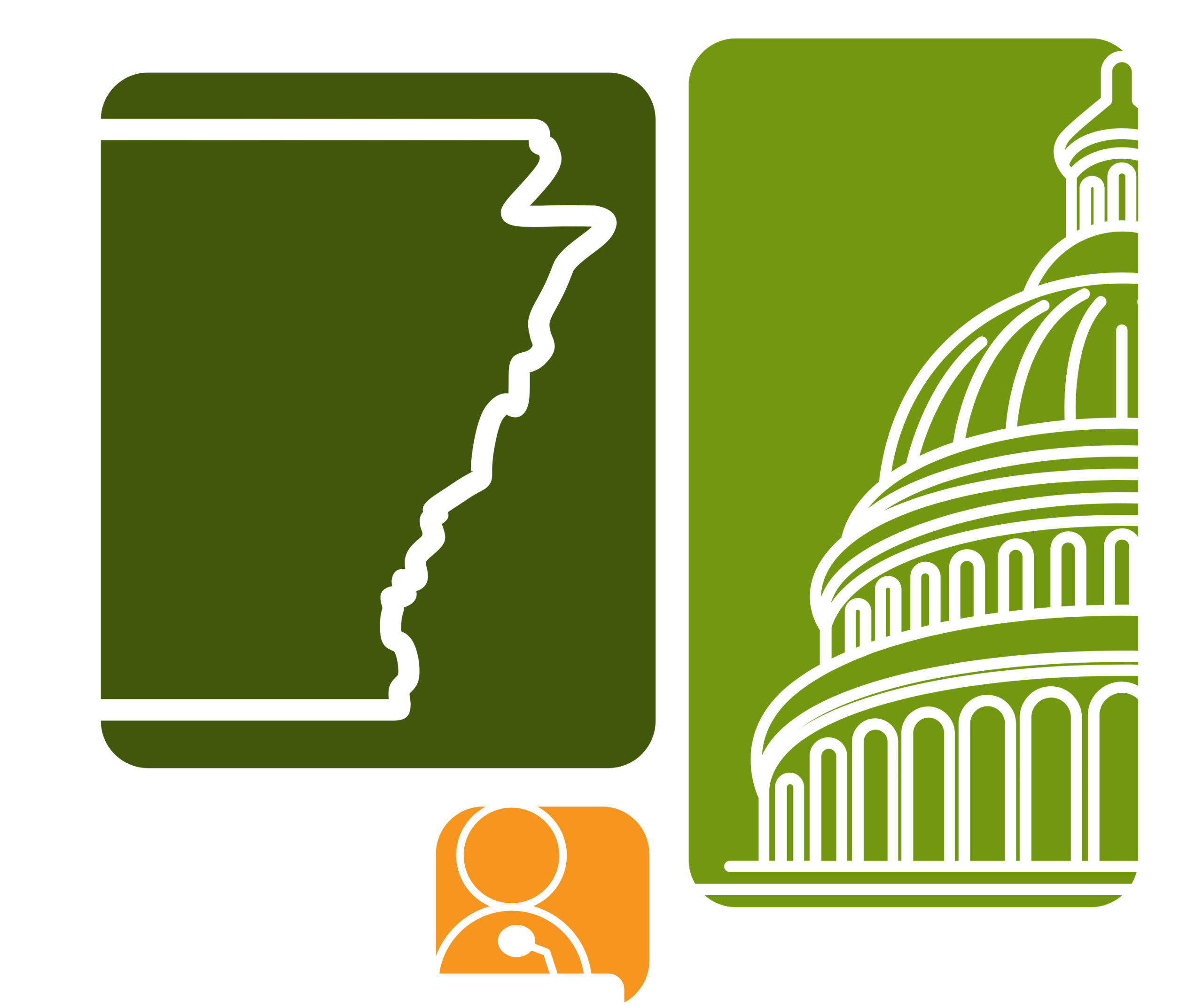 A graphic showing the outline of Arkansas next to a partial illustration of the U.S. Capitol dome, with a small orange icon of a person speaking at a podium below.