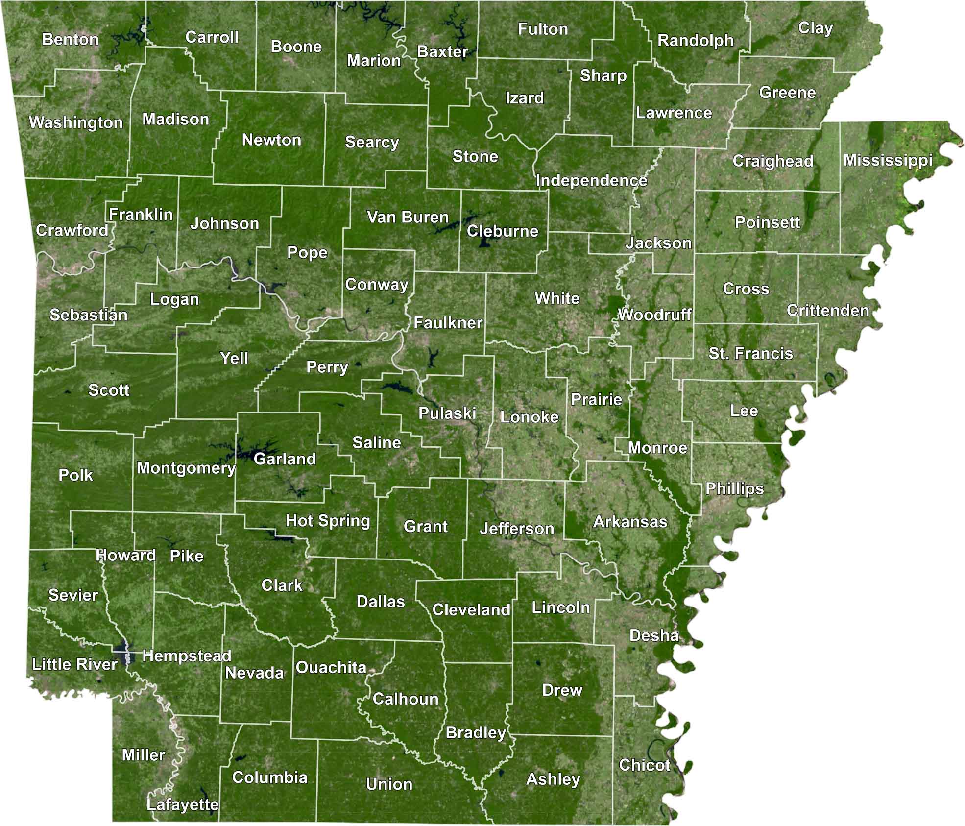 A satellite map of Arkansas showing county boundaries and names. The state is divided into labeled counties with green terrain visible throughout. Major counties like Pulaski, Washington, and Sebastian are marked.