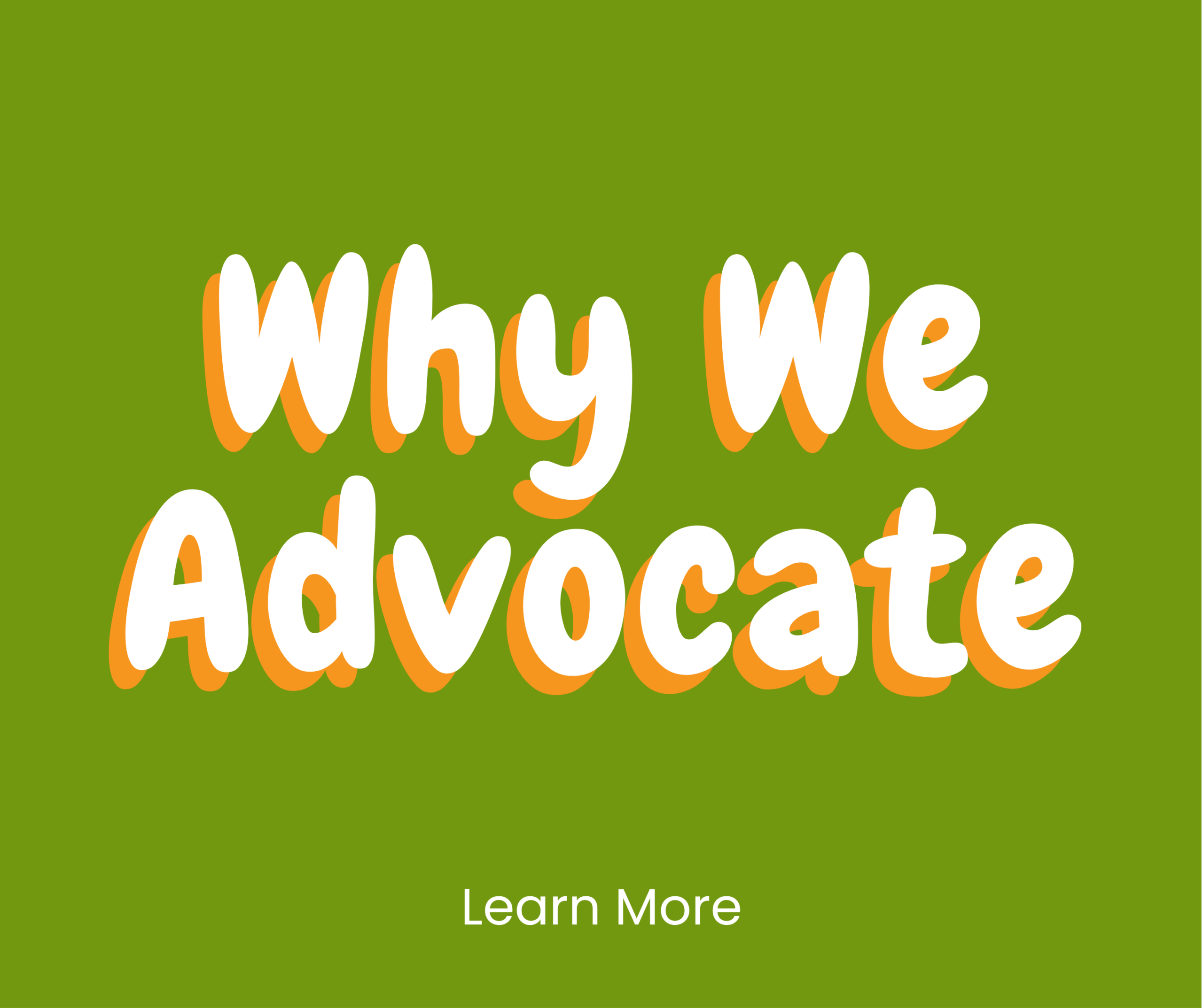 Text on a green background reads Why We Advocate in large, bold, white and orange letters. Below, in smaller white text, it says Learn More.