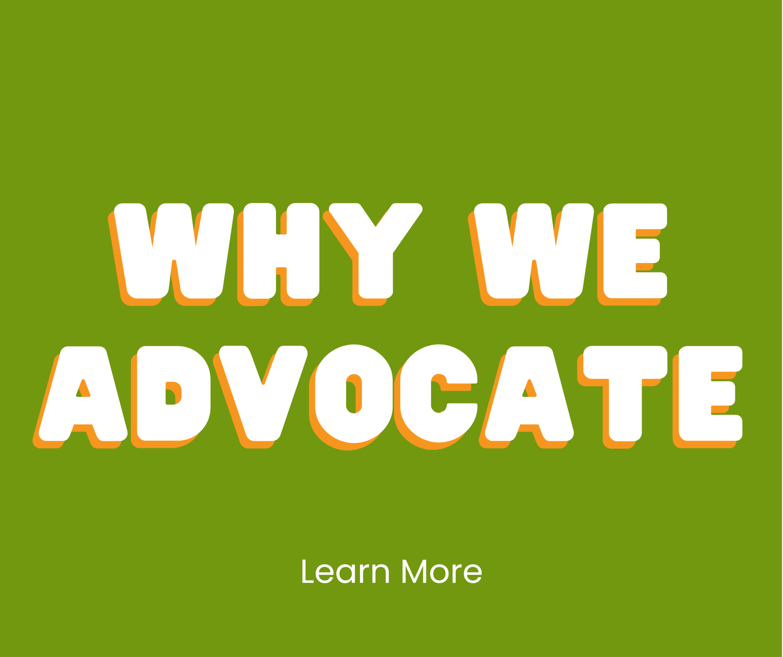 White bold text reading WHY WE ADVOCATE is centered on a green background, with Learn More in smaller white text below.