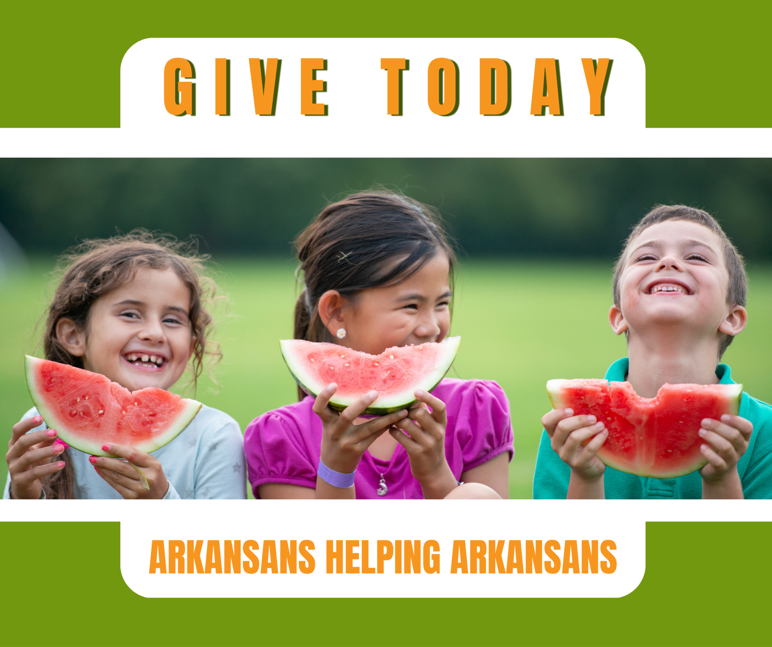 Logo for the Arkansas Hunger Relief Alliance’s 20-year celebration reception, featuring large orange 20 with green year over four icons: fork, spoon, hand, and plant, on a light green background.