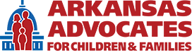 Logo for Arkansas Advocates for Children & Families, featuring red text and a blue outline of a dome with three people inside, suggesting family and community.