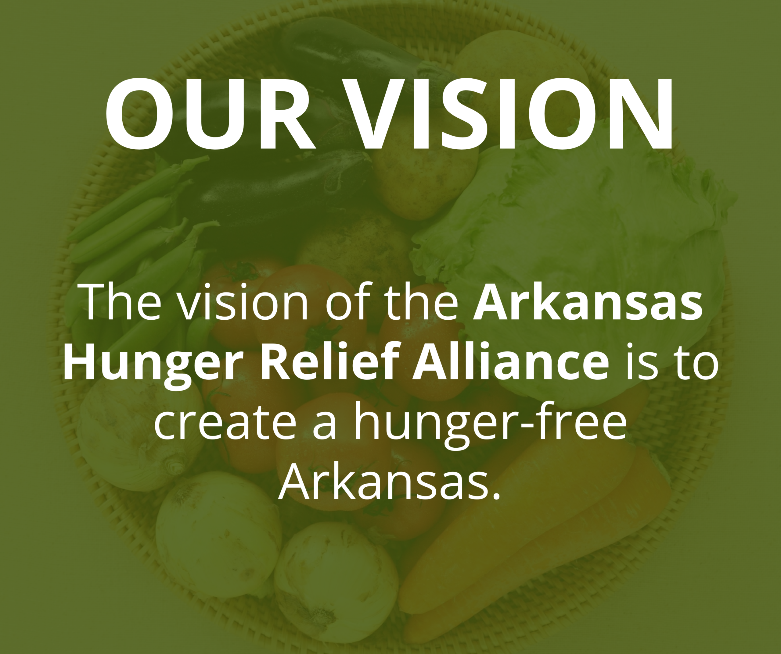 Official AHRA Website Graphics (12) A basket of assorted vegetables with overlaid text stating the Arkansas Hunger Relief Alliances vision to create a hunger-free Arkansas.