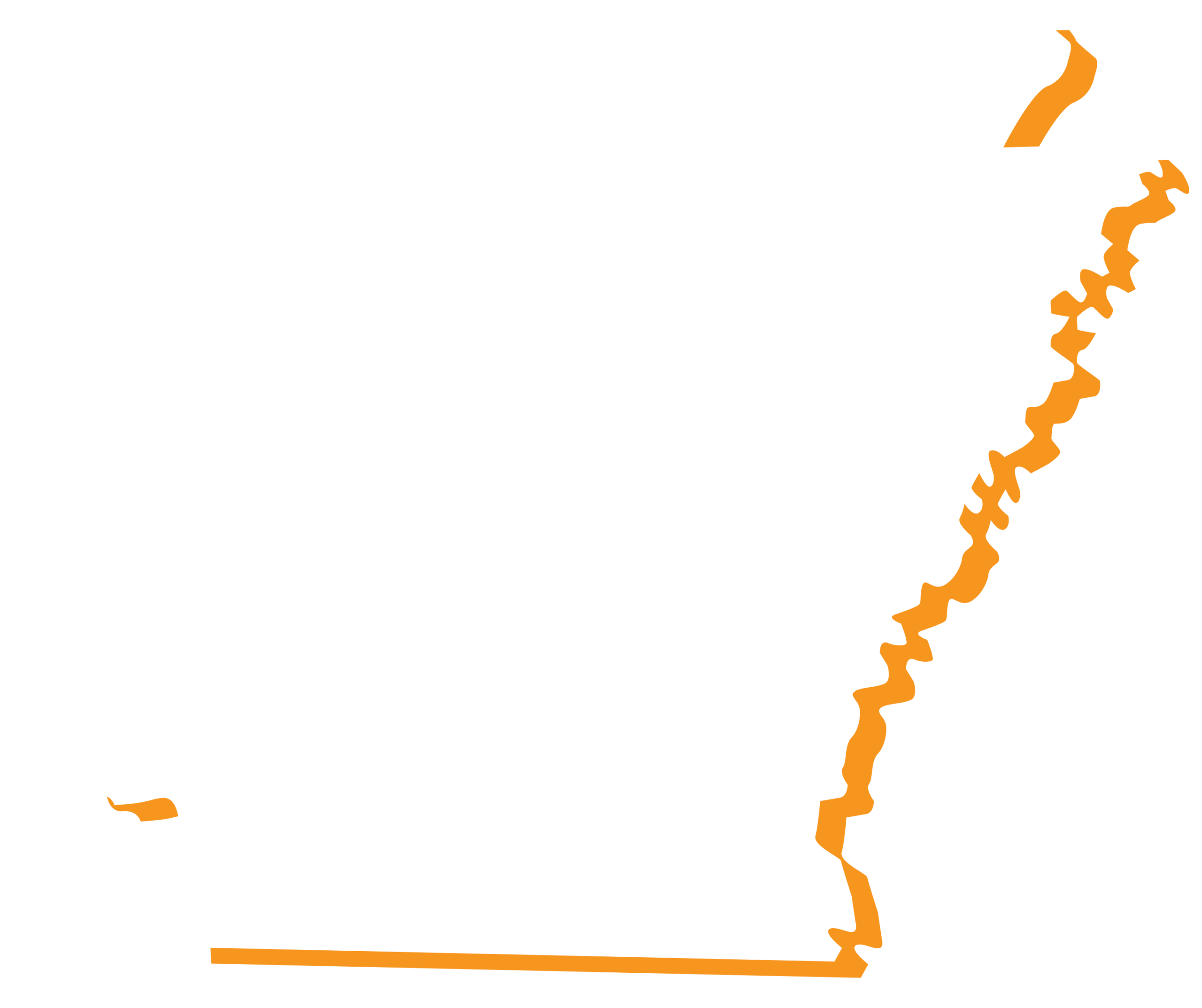 Outline of the state of Arkansas in white, with an orange border tracing parts of its eastern and southern edges on a light gray background.