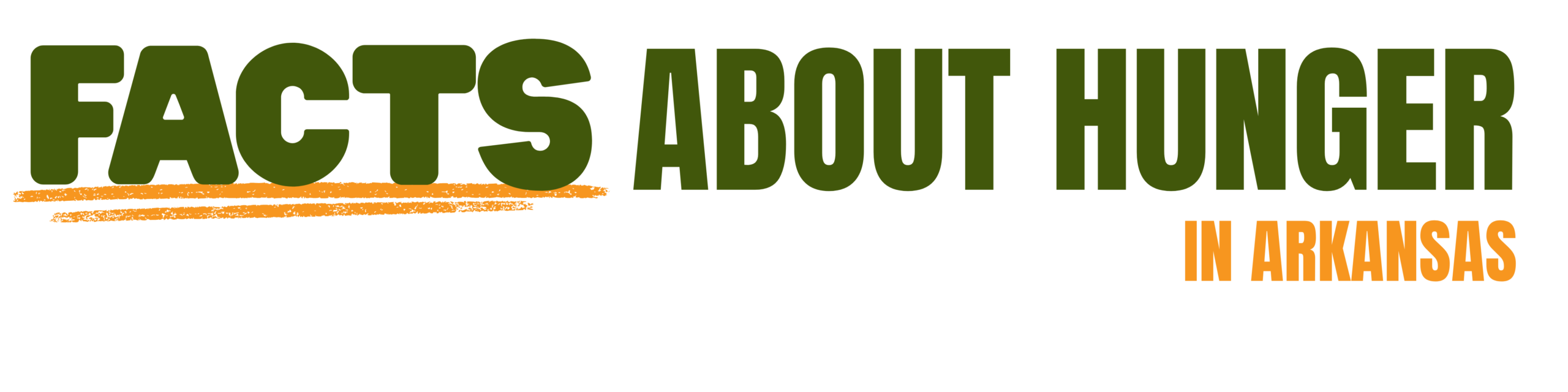 Text graphic reads: FACTS ABOUT HUNGER IN ARKANSAS with FACTS and ABOUT HUNGER in green, and IN ARKANSAS in orange. An orange underline accents the word FACTS.
