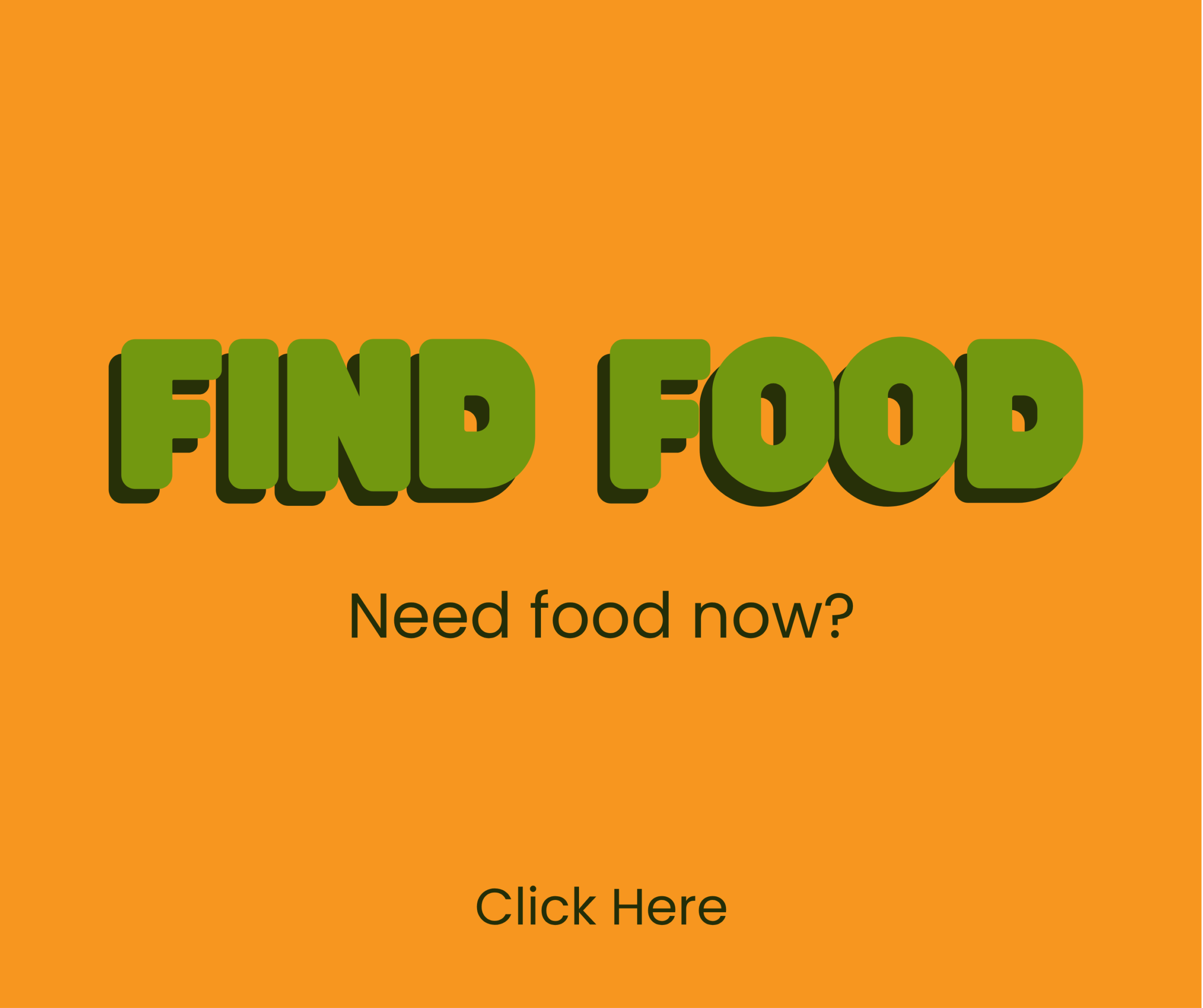 Orange background with large green 3D text reading FIND FOOD. Below it, smaller black text says Need food now? and at the bottom, Click Here.