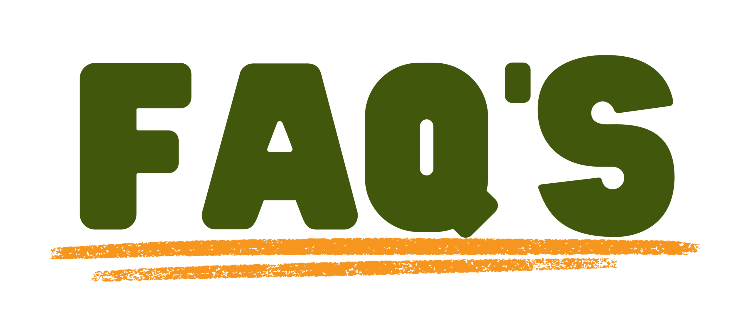 The image shows the large, bold green letters FAQS with two orange lines drawn underneath.