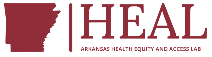 Maroon logo with an outline of Arkansas, a vertical line, and HEAL in large letters. Below is the text ARKANSAS HEALTH EQUITY AND ACCESS LAB.