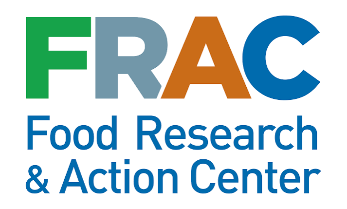 Logo with large letters FRAC in green, gray, orange, and blue, above the text Food Research & Action Center in blue font on a white background.