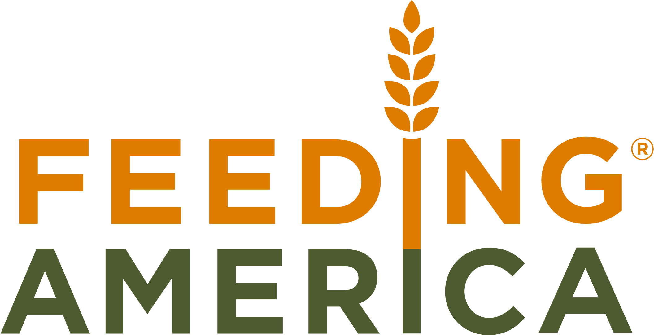 Feeding America logo with FEEDING in orange, AMERICA in green, and a stylized wheat stalk forming the I in FEEDING.