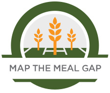 A logo with three orange wheat stalks inside a green circle. Below, text reads Map the Meal Gap. The background features a stylized field.